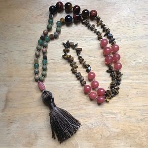 Tiger’s Eye, Unakite, Strawberry Quartz, and Jade Meditation Japa Mala Beads